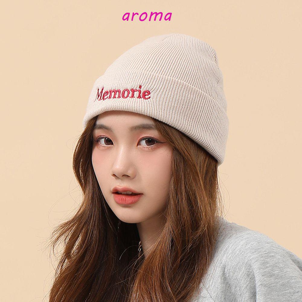 AROMA Mũ Beanie Dệt Kim Màu Trơn Thêu Chữ Phong Cách Hip Hop Hàn Quốc Cho Cặp Đôi