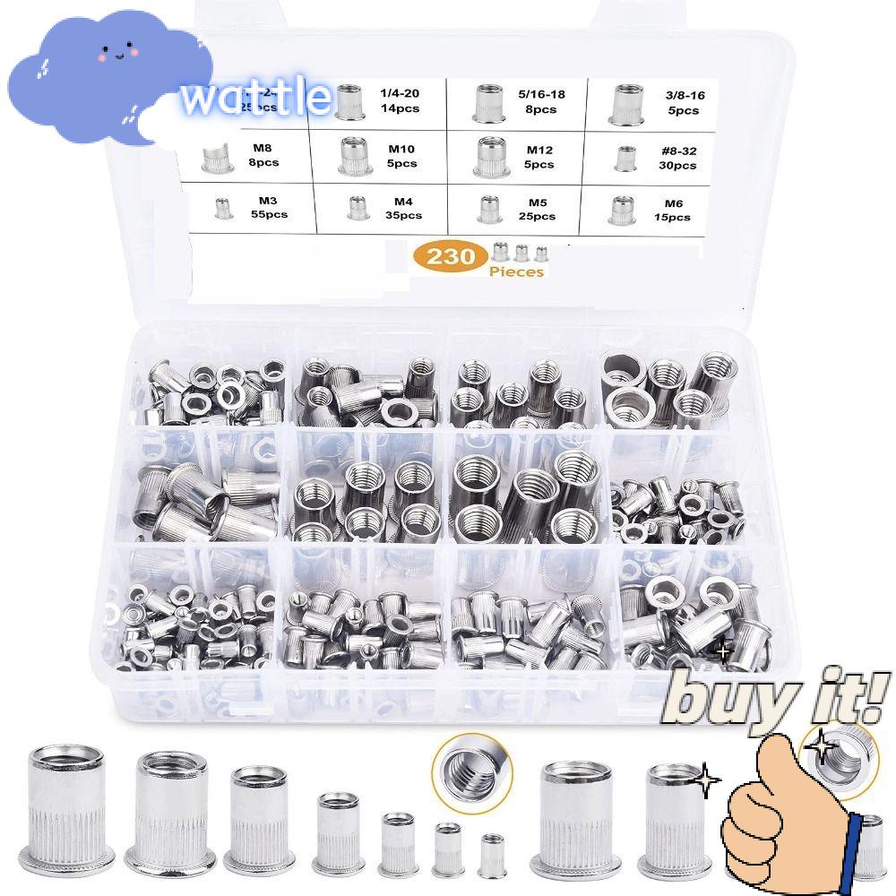 WATTLE Set 230 Đai Ốc Đinh Tán SAE &amp; Metric Bằng Bạc Tông M3 / M4 / M5 / M6 / M8 / M10 / M12 #8-32 3/8-16 5/16-18 1/4-20 #10Đai Ốc Mắc Xích Phẳng 4 Đầu Dẹt - 24 Cái