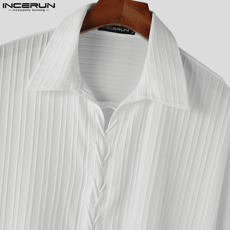 INCERUN Áo Sơ Mi Kẻ Sọc Phối Ren Thời Trang Cao Cấp Cho Nam