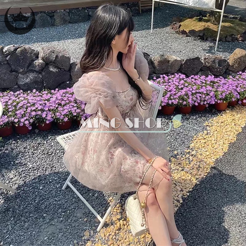 Đầm Mini Tay Phồng Phối Lưới Phong Cách Vintage Thanh Lịch Dành Cho Nữ