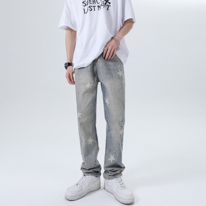Quần Jean Rách Màu Vàng In Hình Ngôi Sao Phong Cách Hip Hop Đường Phố Cá Tính Cho Nam