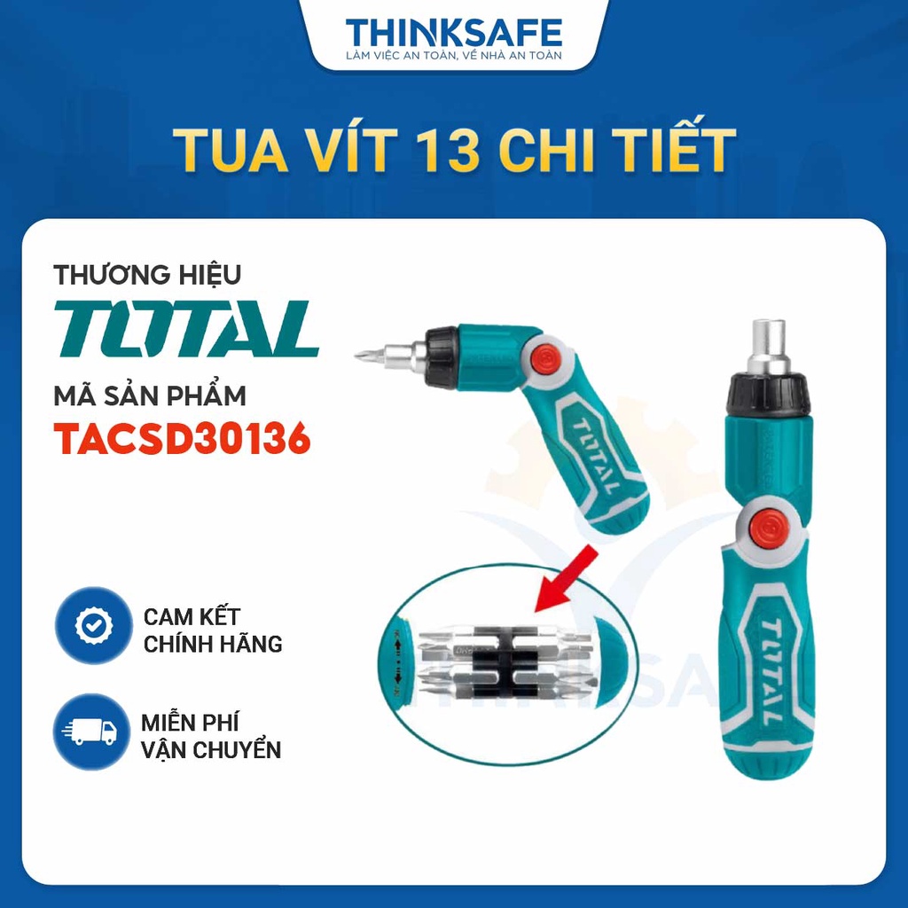 Bộ tua vít đa năng 13 chi tiết TOTAL TACSD30136 mũi vít CR-V không gỉ, thiết kế tay cầm gập thông minh, chứa mũi vít