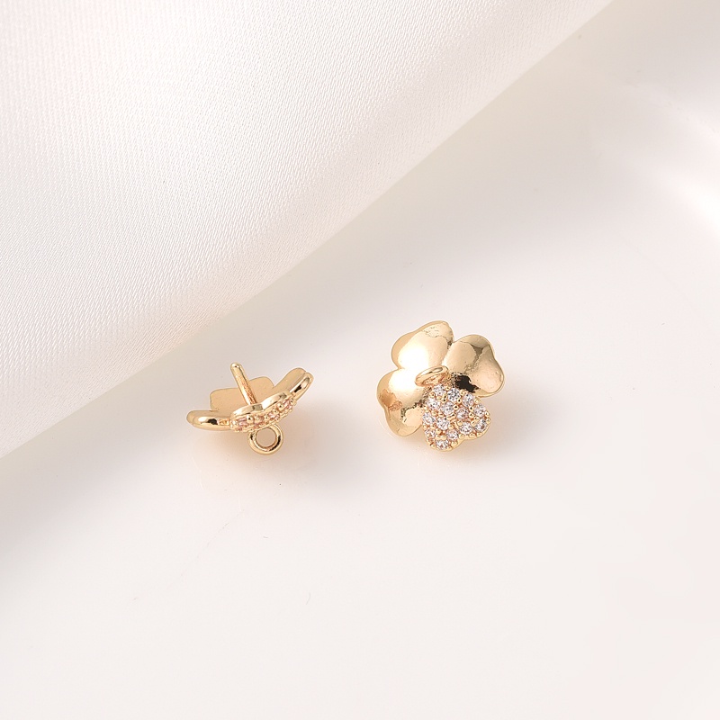 Giá Đỡ Hạt Ngọc Trai Nửa Lỗ Mạ Vàng 14K Đính Đá Zircon Hình Cỏ Bốn Lá Màu Trắng / Vàng Kim diy