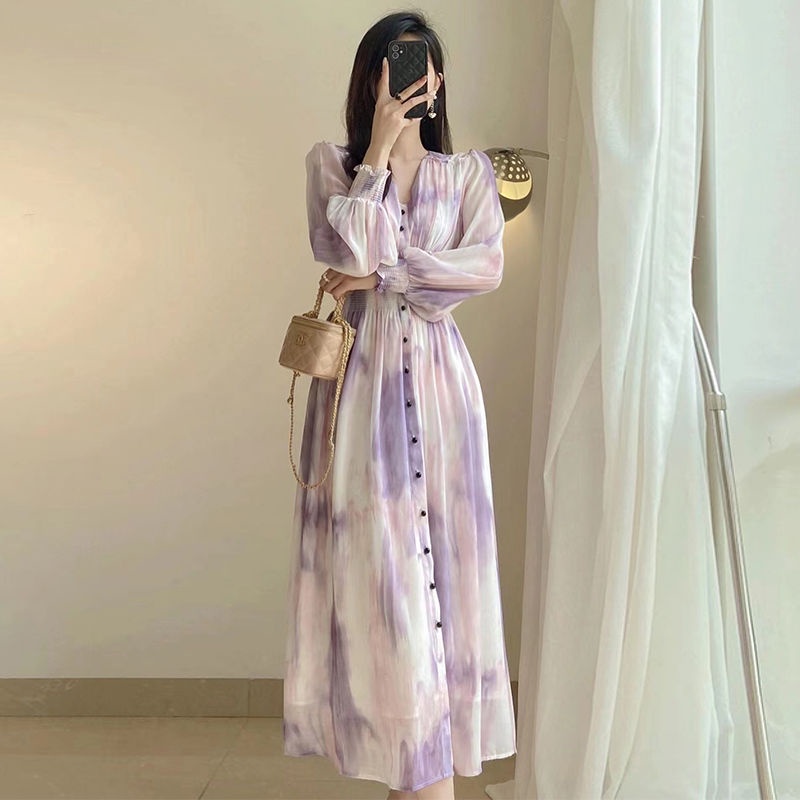 Đầm Chiffon Dài Tay Màu Nhuộm Ôm Eo Thời Trang Mùa Xuân Pháp Cho Nữ