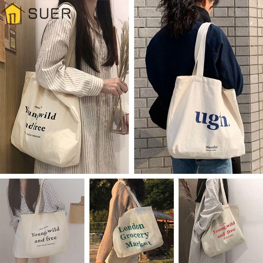 SUENIN Túi Xách Canvas Cỡ Lớn In Chữ Phối Khóa Kéo Phong Cách Đường Phố