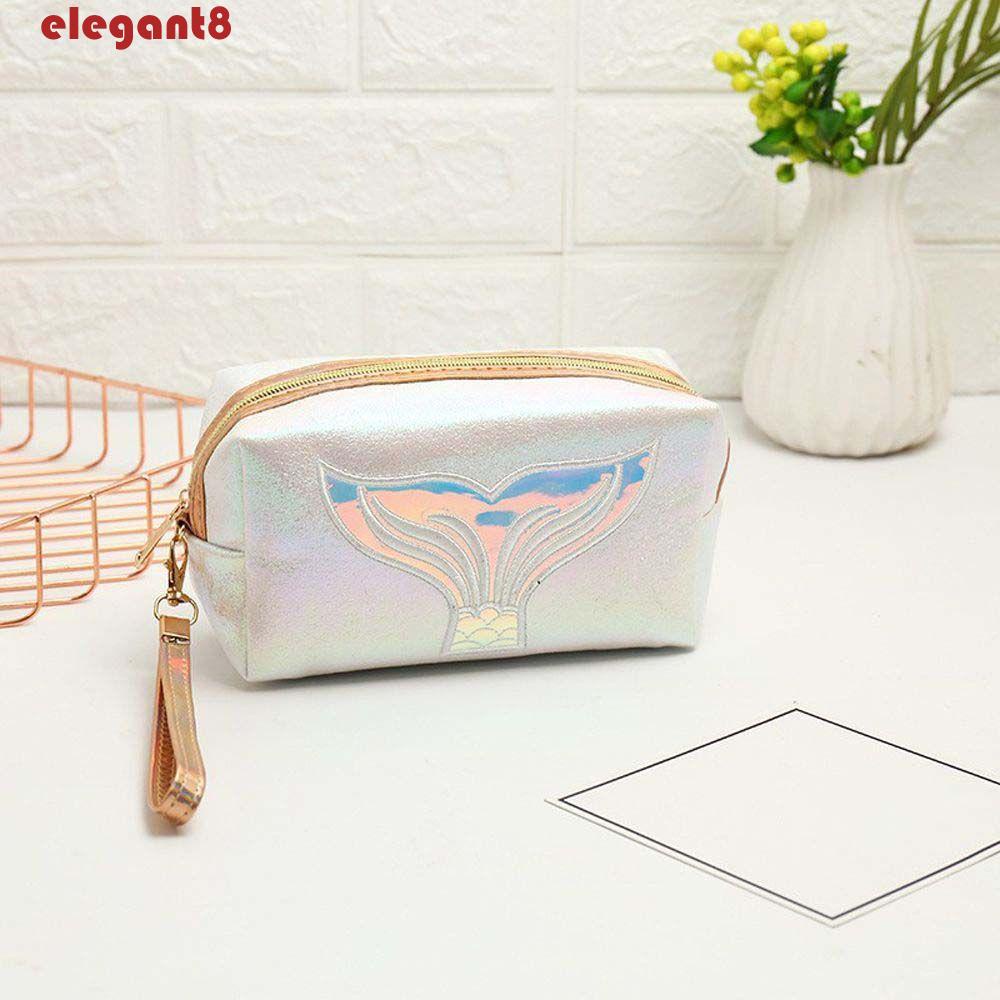 ELEGANT Túi Đựng Đồ Trang Điểm Da PU Chống Thấm Nước Màu Laser Dễ Thương