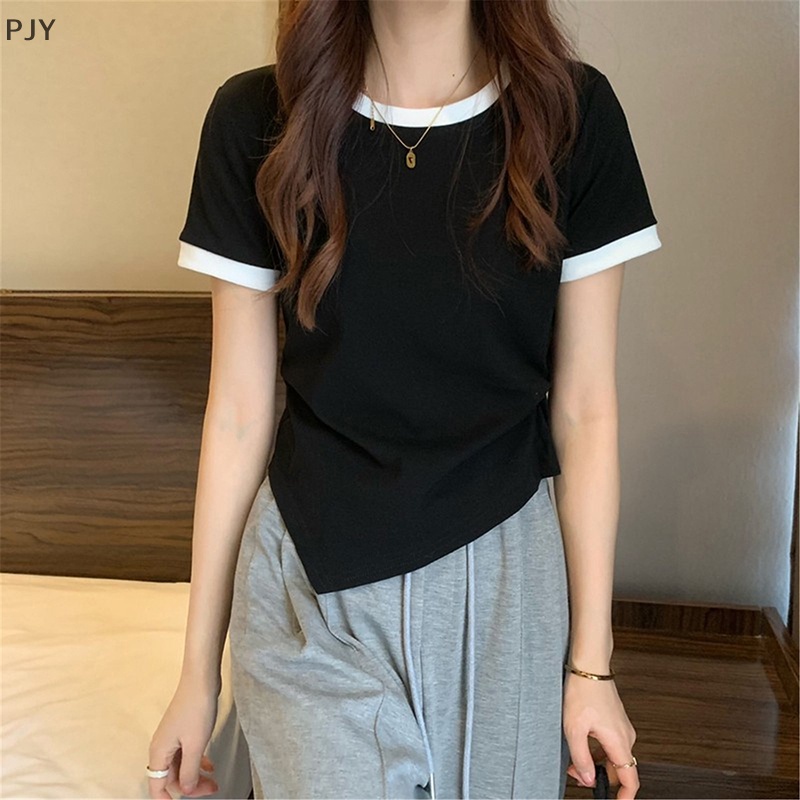 Áo Thun Ngắn Tay Cổ Tròn Màu Sắc Tương Phản Thời Trang Mùa Hè Cho Nữ PJ