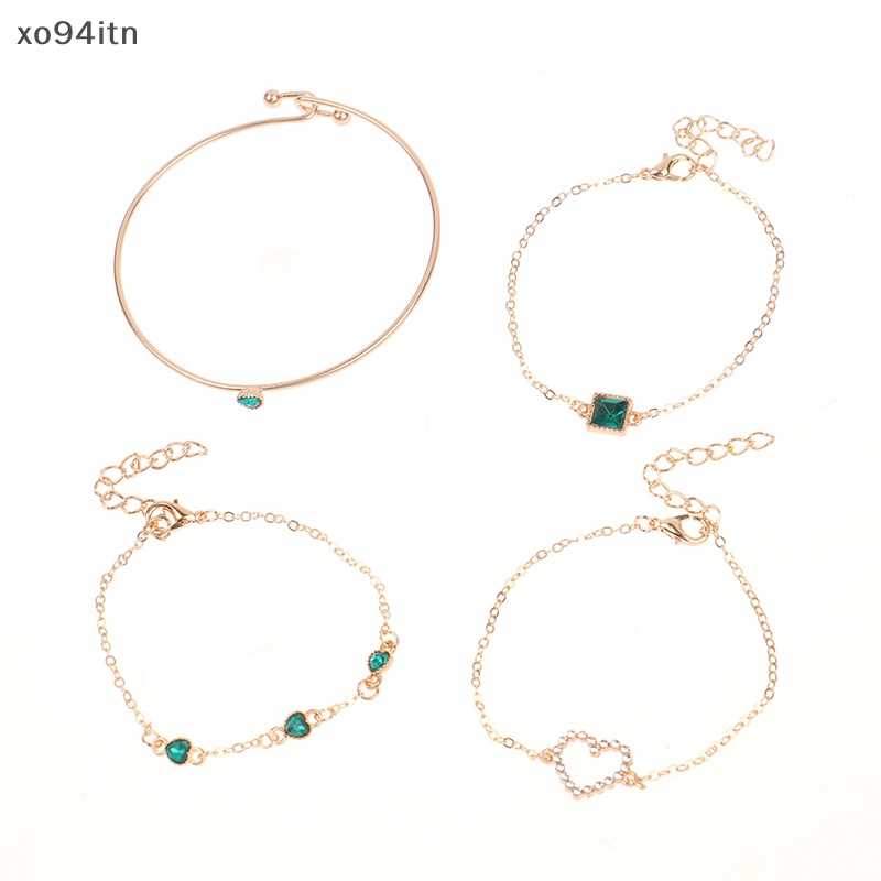 Bộ 4 Vòng Tay Đính Đá Màu Xanh Lá Thời Trang Cho Nữ