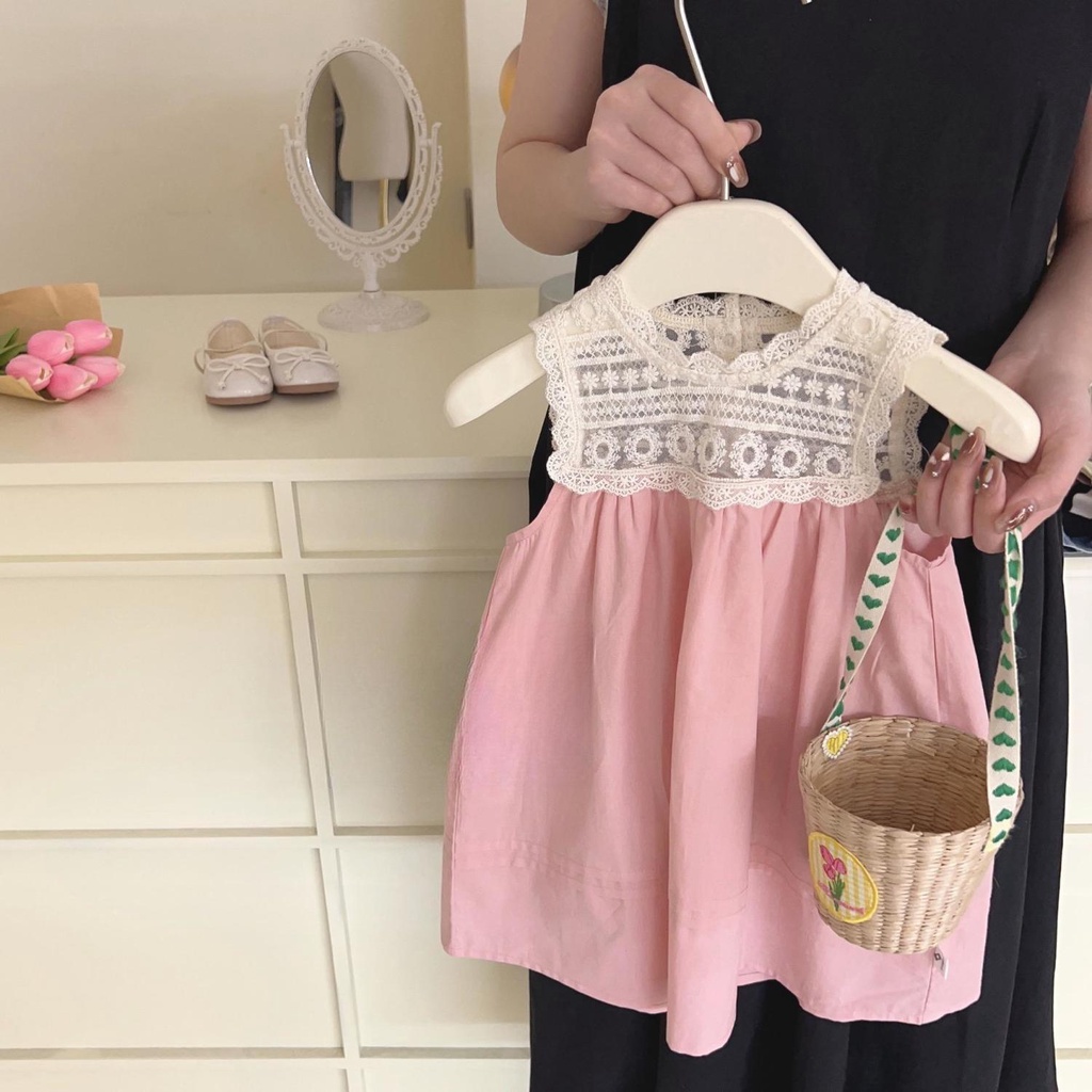 Đầm Công Chúa Mùa Hè Không Tay Thêu Ren Trắng Hồng Phong Cách Hàn Quốc Cho Bé Gái 5 Tuổi