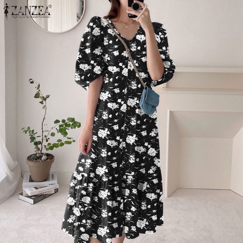 Zanzea Đầm Tay Lửng Cổ Chữ V In Họa Tiết Phong Cách Hàn Quốc Dành Cho Nữ