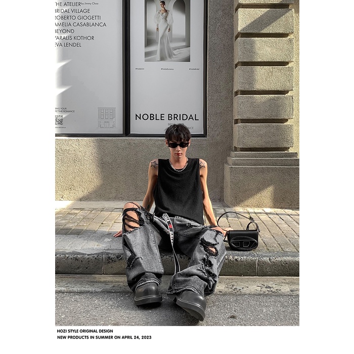 Quần Jean Đen Dài Ống Rộng Rách Gối Thời Trang Mùa Hè Cá Tính