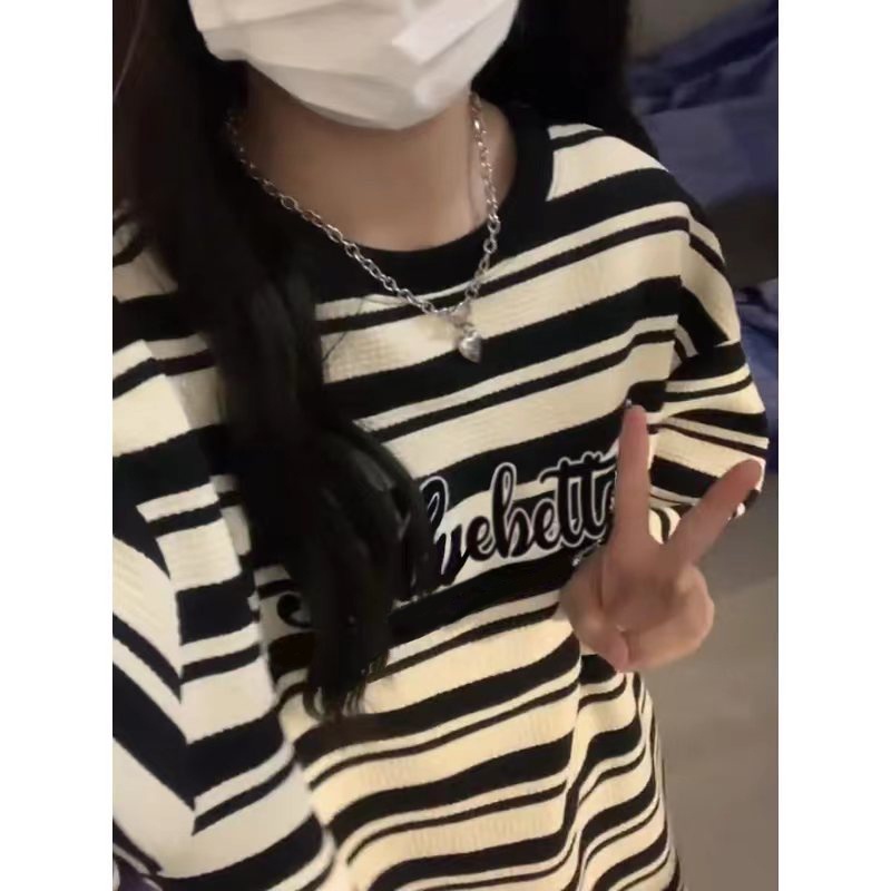 Áo Thun Tay Ngắn Dáng Rộng Họa Tiết Kẻ Sọc Phong Cách Retro Mỹ Thời Trang Mùa Hè Cho Nữ