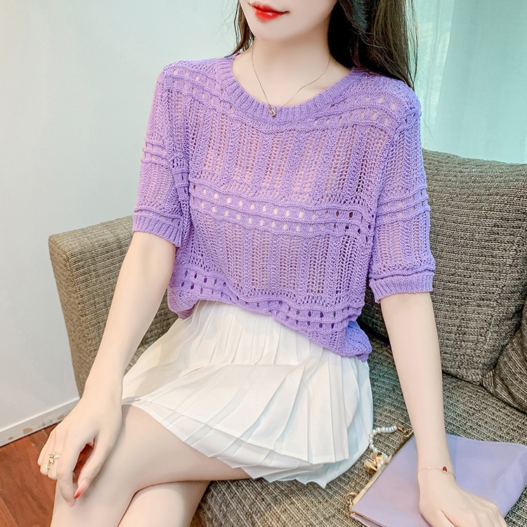Áo Thun Dệt Kim Mỏng Tay Ngắn Phối Lưới Rỗng Kiểu Pháp