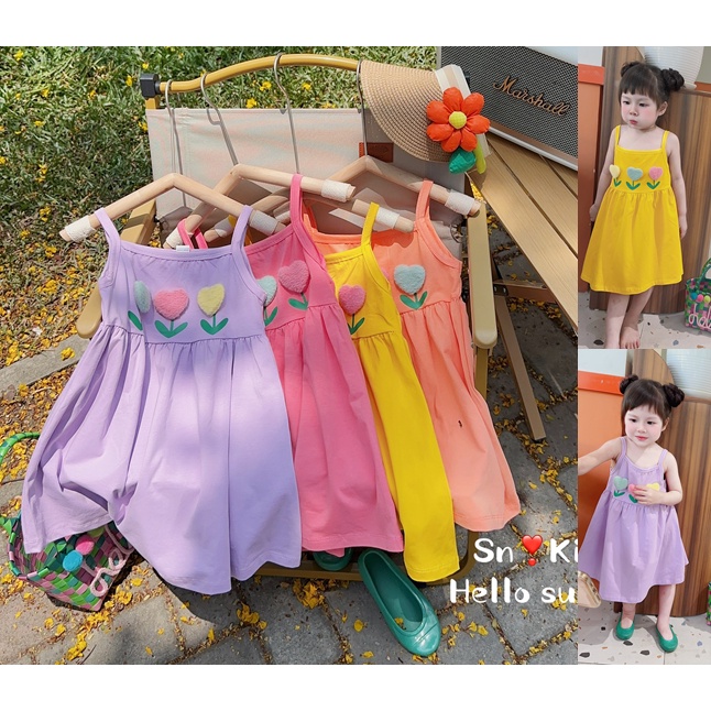 Váy cotton 2 dây đính tim nổi cực xinh cho bé gái - VCSN