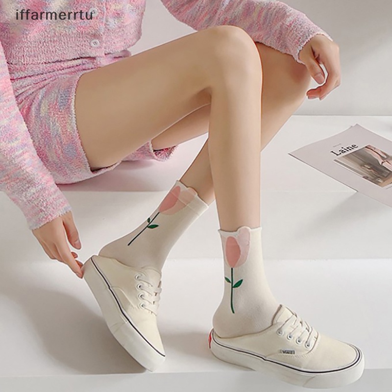 1 Đôi Vớ Cổ Trung Thoáng Khí In Họa Tiết Hoạt Hình Dễ Thương Cho Nữ