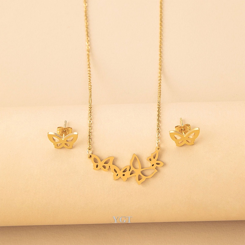 Bộ Vòng cổ + Bông Tai Hình Bướm Bằng Thép Không Gỉ Dễ Thương Cho Nữ