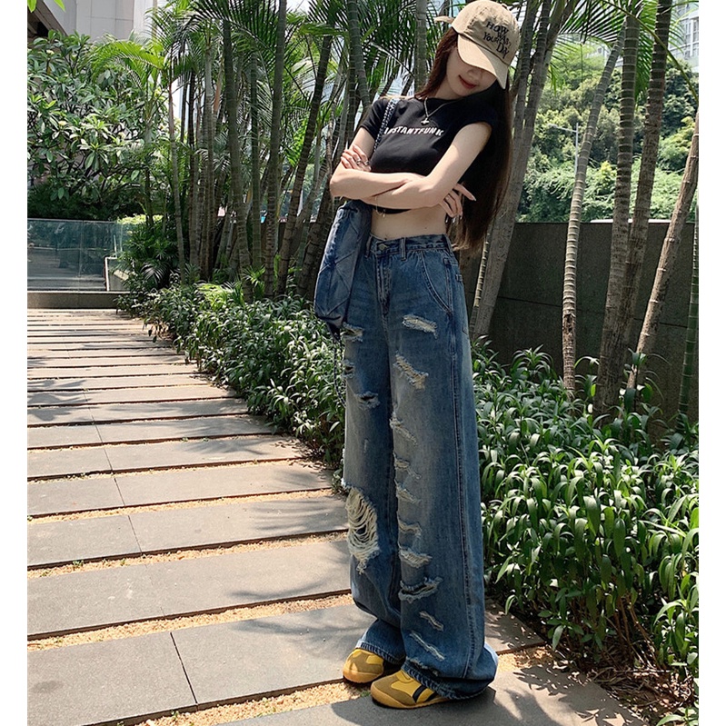 Quần Denim Ống Rộng Rách Gối Thời Trang Mùa Hè Cho Nữ