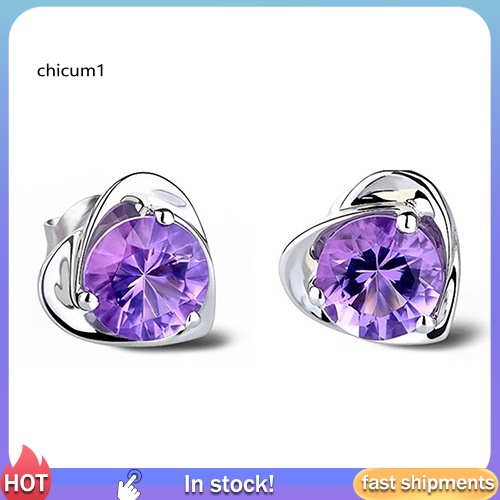 Khuyên Tai Trái Tim Mạ Bạc Đính Đá Pha Lê Tím