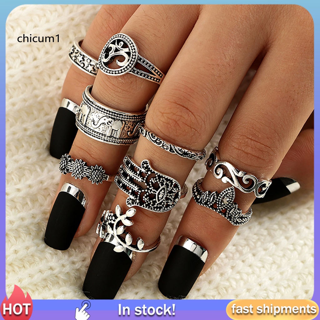 Set 9 Nhẫn Đeo Khớp Ngón Tay Nhiều Màu Sắc Phong Cách Bohemian