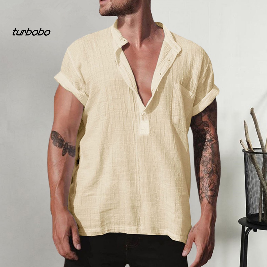 Áo Thun Tay Ngắn Cổ Đứng Dáng Rộng Màu Trơn Cài Nút Thời Trang Mùa Hè Cho Nam