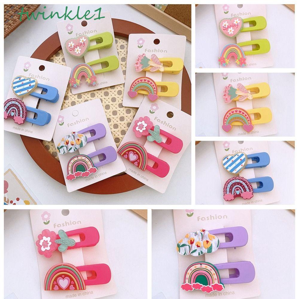 TWINKLE Set 2 Kẹp Tóc Hình Hoa / Trái Tim Màu Cầu Vồng Bằng Acrylic Cho Bé Gái