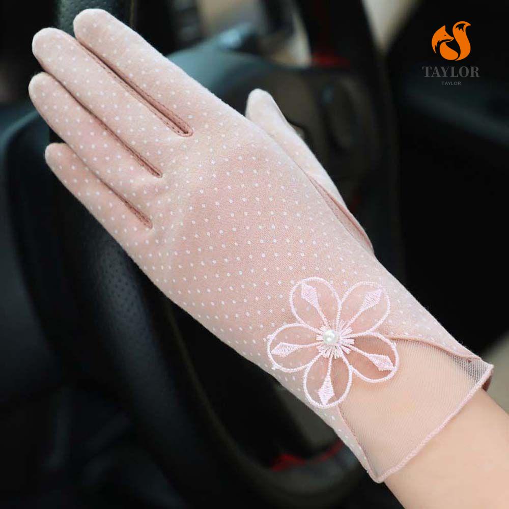 TAYLOR1 Găng Tay Chống Nắng Vải Lụa Lạnh Phối Ren Hoa Văn Chấm Bi Thoáng Khí Có Thể Chạm Màn Hình Cảm Ứ