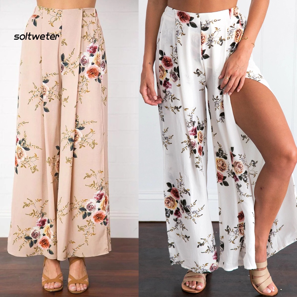 Quần Culottes Lưng Cao Ống Rộng Xẻ Tà In Họa Tiết Hoa Phong Cách Boho Thời Trang Đi Biển