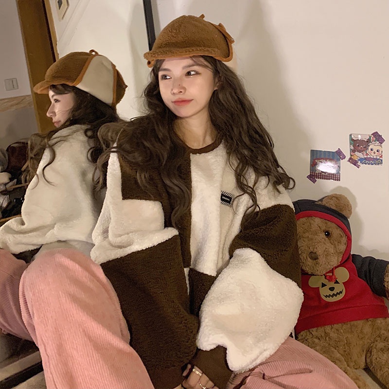 Áo sweater Tay Dài Cổ Tròn Lót Nhung Lông Cừu Phối Màu Sắc Phong Cách Hàn Quốc Thời Trang Cho Nữ