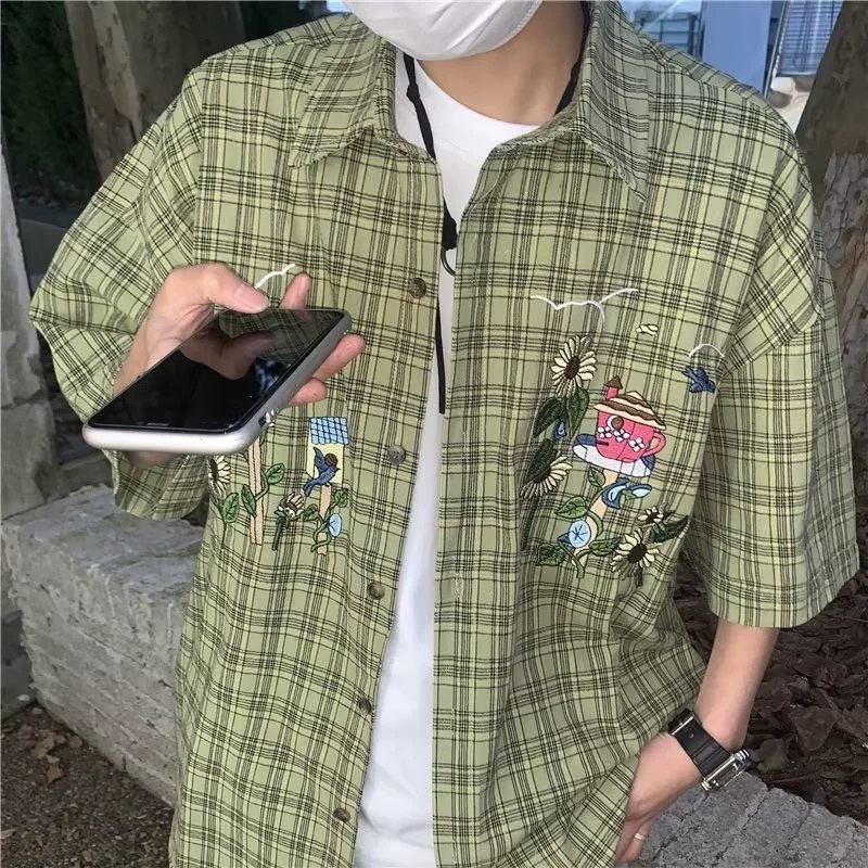 Áo Sơ Mi Nam Dáng Rộng Họa Tiết Caro Thời Trang Phong Cách Hàn Quốc