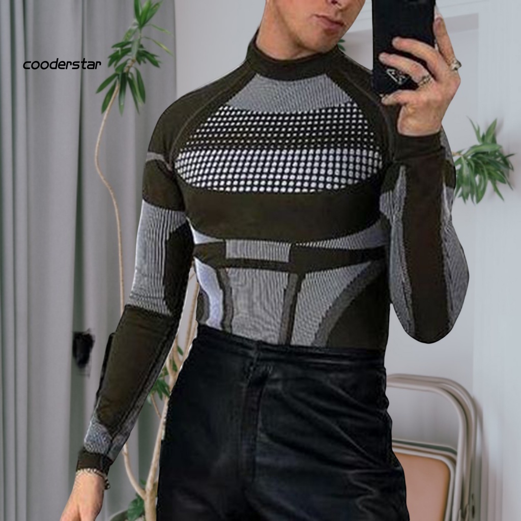 Áo Thun Tay Dài Cổ Cao Họa Tiết Kẻ Sọc Màu Sắc Tương Phản Thời Trang Mùa Đông Cho Nam