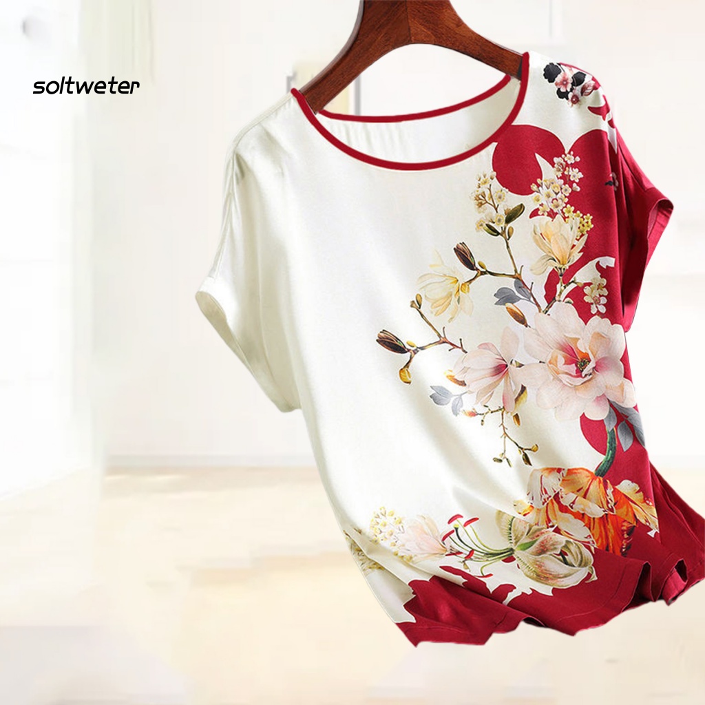 Áo Thun Lụa Lạnh Cổ Thuyền In Họa Tiết Hoa Thời Trang Mùa Hè Xinh Xắn Cho Nữ