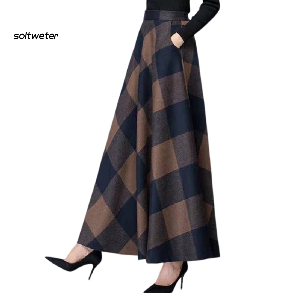 Chân Váy Maxi Dáng Chữ A Lưng Cao Co Giãn Phối Túi Cỡ Lớn In Họa Tiết Caro Thời Trang Thu Đông Cho Nữ