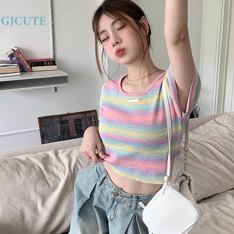 Áo Thun Croptop Dệt Kim Tay Ngắn Cổ Vuông Họa Tiết Kẻ Sọc Nhiều Màu Thời Trang Mùa Hè Cho Nữ