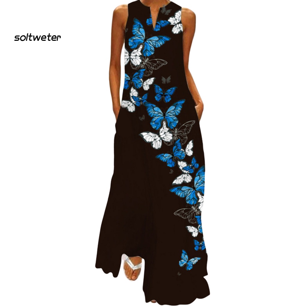 Đầm Maxi Chữ A Không Tay Mỏng Nhẹ In Họa Tiết Hoa Thời Trang Mùa Hè Cho Nữ