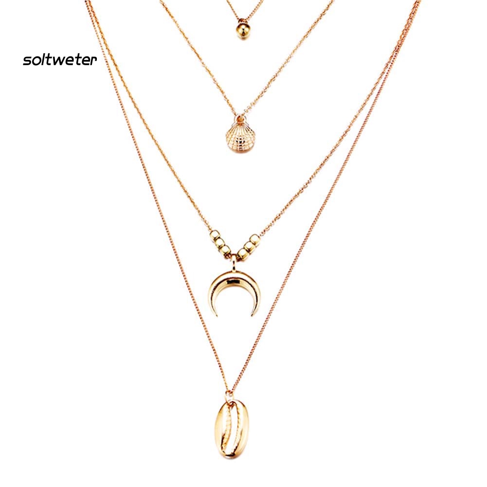 Vòng cổ Nhiều Lớp Đính Vỏ Sò / Mặt Trăng / Quả Cầu Kim Loại Phong Cách Boho Dành