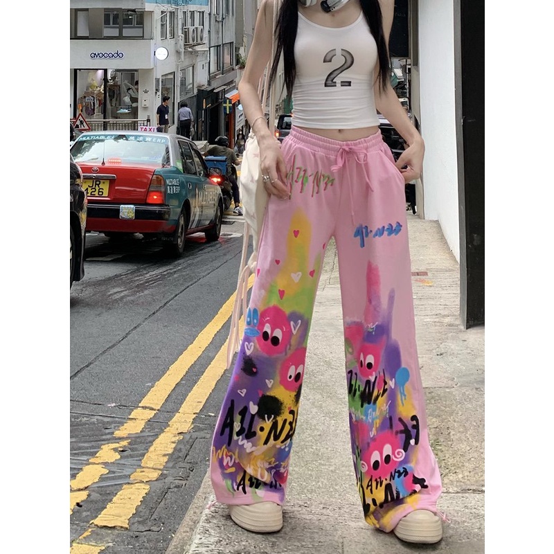 Dopamine Quần Ống Rộng Lưng Cao Dây Rút Họa Tiết Graffiti Mặc Vào Mùa Hè Cho Nữ