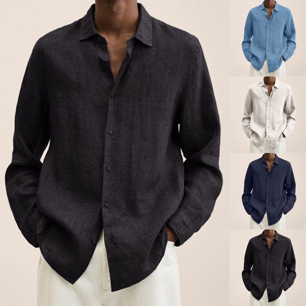 Áo Sơ Mi Cotton Lanh Dài Tay Dáng Rộng Màu Trơn Cài Nút Thời Trang Cho Nam