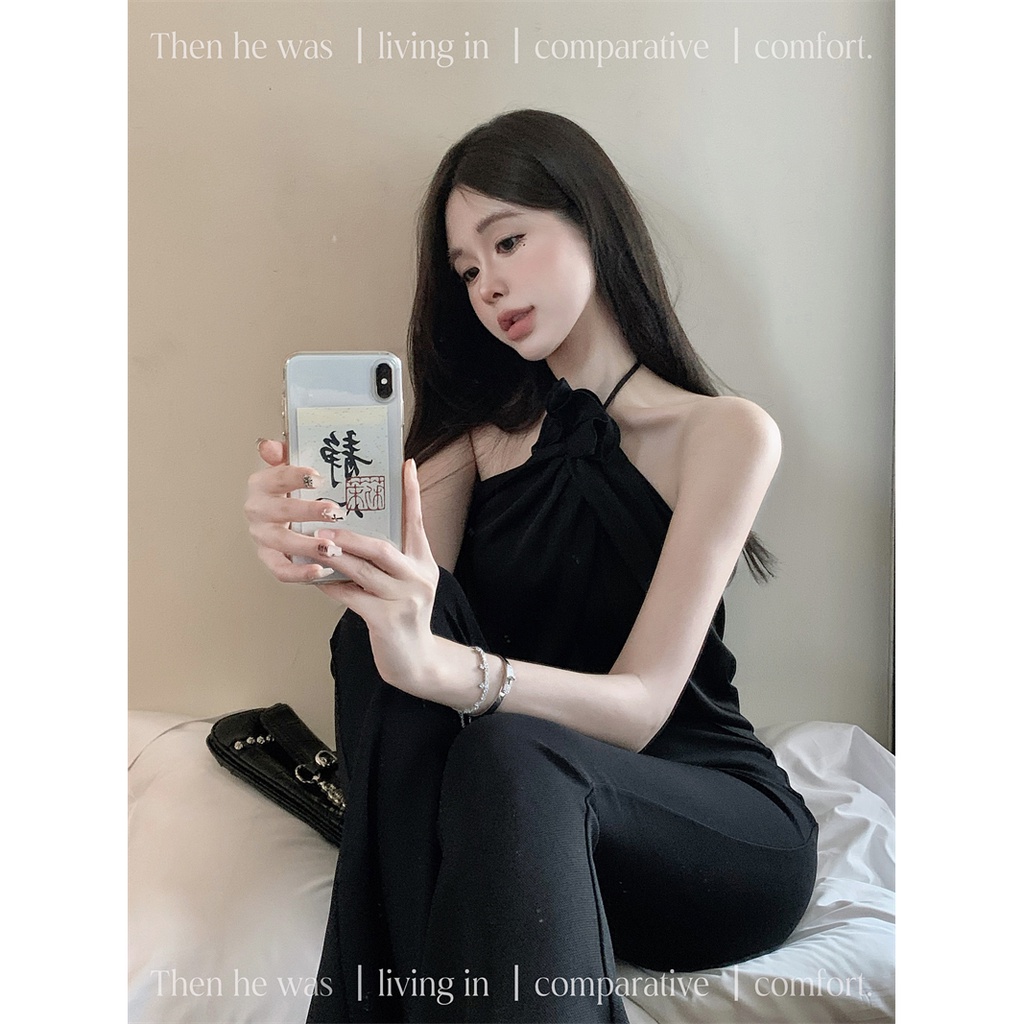 Áo tank top Sát Nách Màu Đen Hoạ Tiết Hoa Thiết Kế Ba Chiều Quyến Rũ