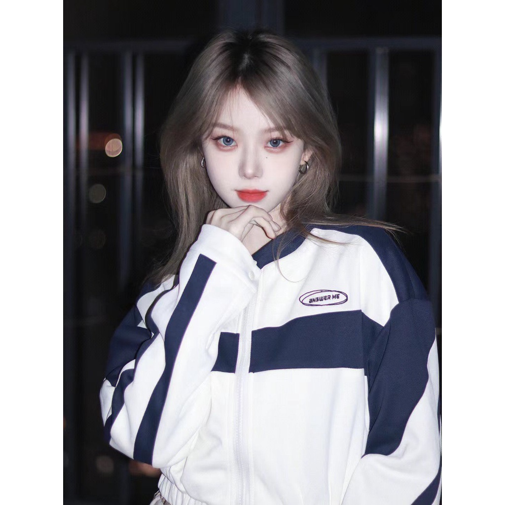 Plus Áo Khoác Thể Thao Dài Tay Phối Khóa Kéo Phong Cách Vintage Mỹ Cho Nữ