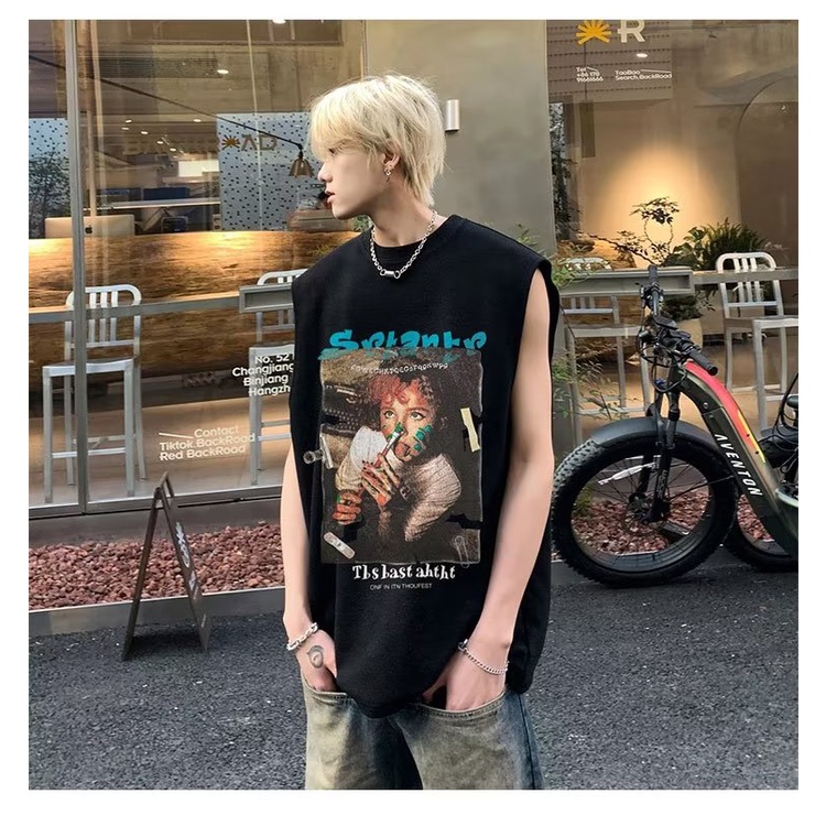 Áo Thun Sát Nách Dáng Rộng Cỡ Lớn Phong Cách Đường Phố Cá Tính Cho Nam