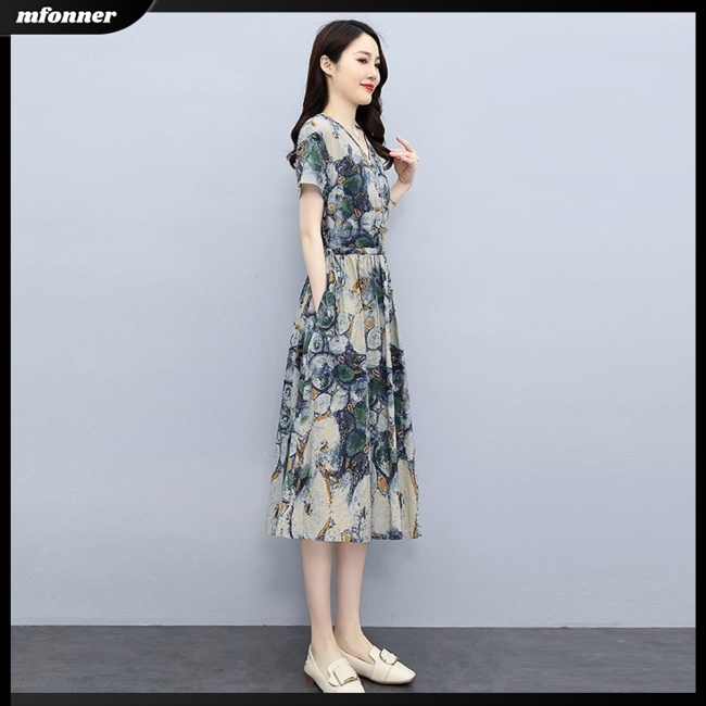 Đầm Midi Ngắn Tay Dáng Chữ A Lưng Cao In Hoa Phối Túi Thời Trang Mùa Hè Cho Nữ