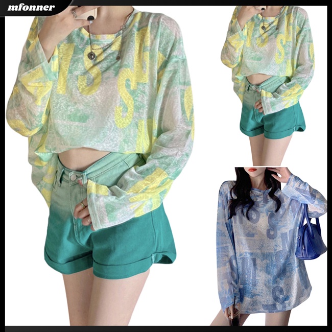 Áo Thun Tay Dài Cổ Tròn Dáng Rộng Vải Lụa Mát Thời Trang Mùa Hè Cho Nữ