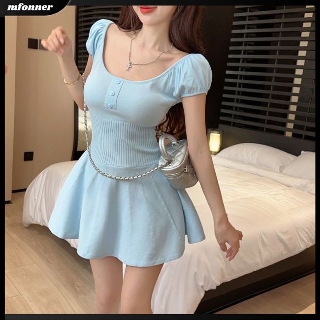 Đầm Dệt Kim Ngắn Tay Màu Sắc Ngọt Ngào Cho Nữ