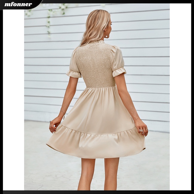 Đầm Tay Ngắn Cổ Đứng Dáng Chữ A Màu Trơn Thiết Kế Đơn Giản Thanh Lịch Cho Nữ