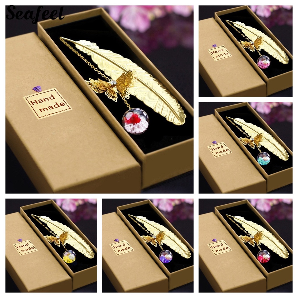 Thẻ Đánh Dấu Trang Sách Bằng Kim Loại Hình Bướm / Lông Vũ Kiểu Vintage Kèm Hộp Quà Tặng