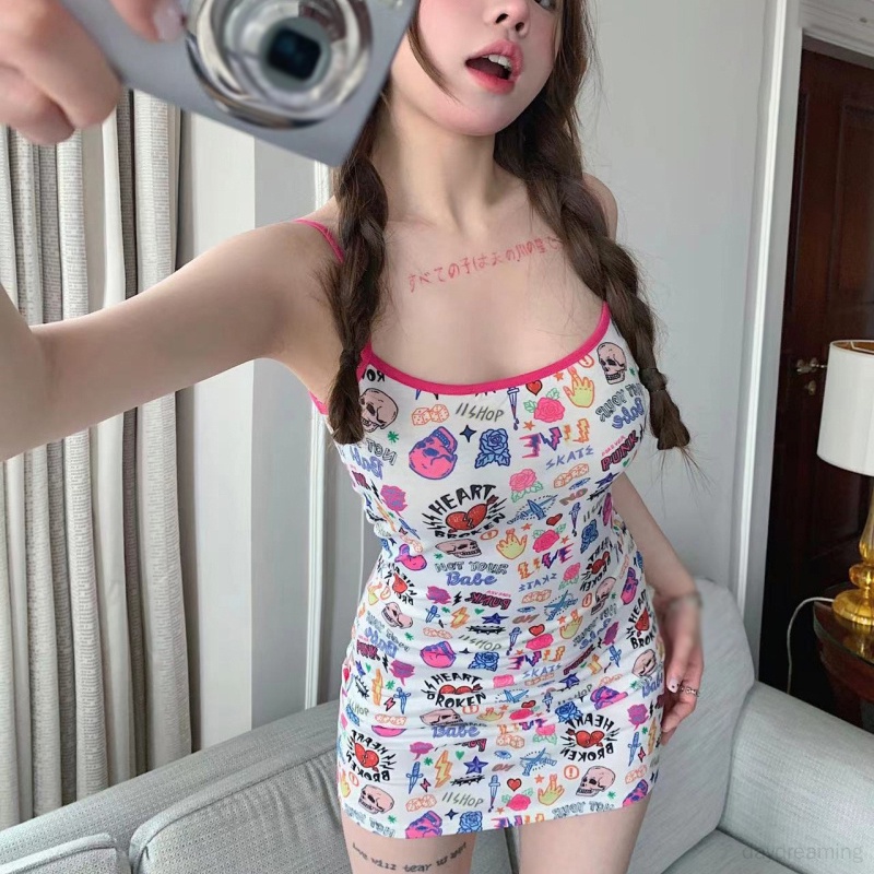 Đầm In Họa Tiết Graffiti Ngọt Ngào Thời Trang Mùa Hè Phong Cách Hàn Quốc Cho Nữ
