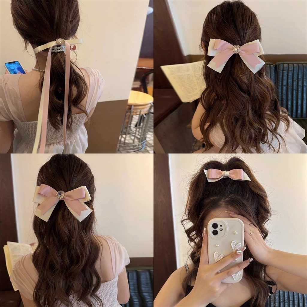 1 Kẹp Tóc Hình Nơ / Trái Tim Đính Ngọc Trai Giả Phong Cách Hàn Quốc Ngọt Ngào