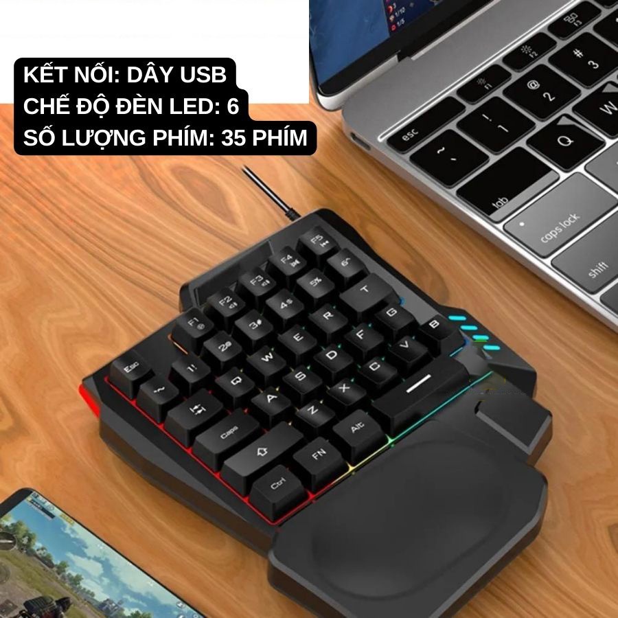 Bàn phím giả cơ một tayK13 / dùng cho IOS, Android, PC Full LED - Bàn phím 1 tay Chơi game PUBG mobile