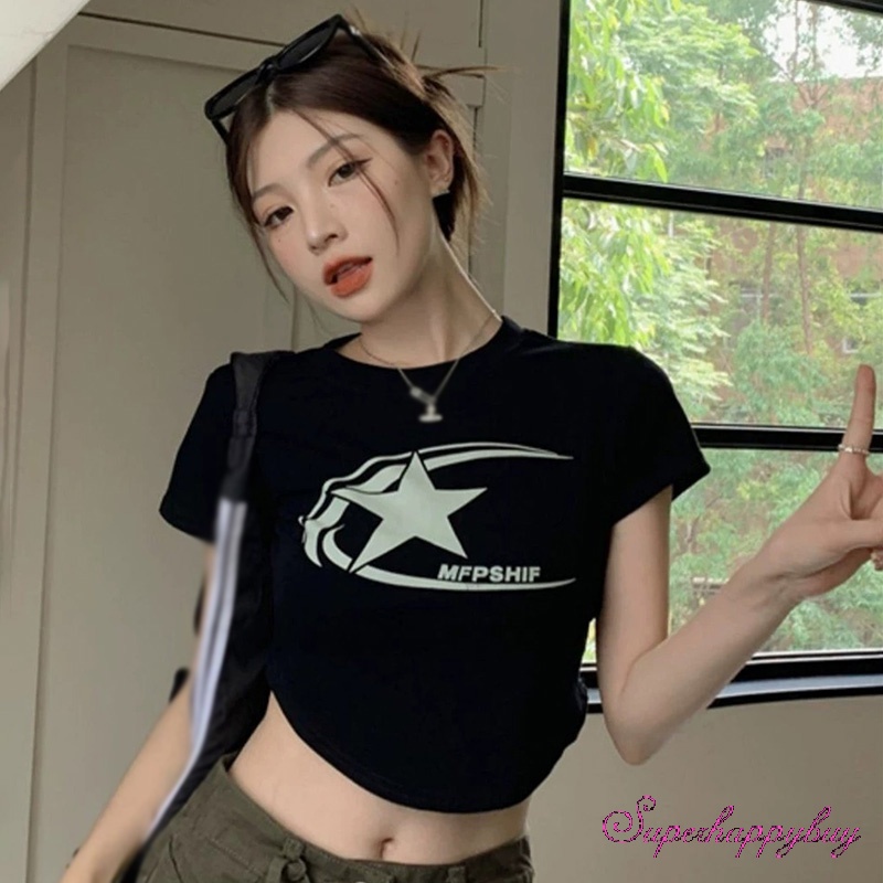 Áo Thun Ngắn Tay Cổ Tròn In Họa Tiết Bướm Và Chữ Thời Trang Mùa Hè Cho Nữ