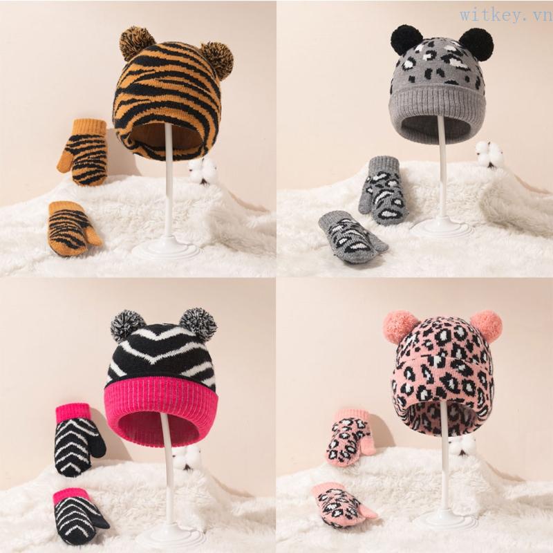 Bộ Găng Tay Và Mũ Len Jacquard In Họa Tiết Da Báo / Hổ Đính Hai Quả Bông Thời Trang Thu Đông Cho Bé
